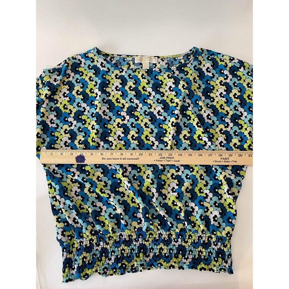Michael Kors Short Sleeve Blouse Sz Large Smocked Hem Blue Teal Floral Designer - Picture 8 of 9